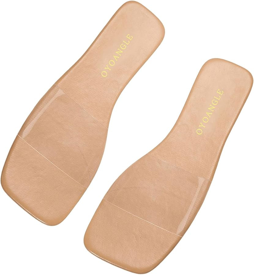 OYOANGLE Women's Clear Square Open Toe Sandals Pu Leather Flat Slide On Sandals Transparent Outdo... | Amazon (US)