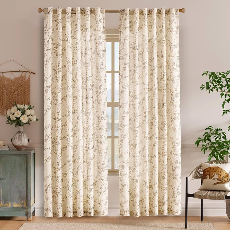 Amazon.com: Lazzzy Taupe Floral Linen Curtains 84 Inch Farmhouse Curtain Back Tab Drapes for Living Room Bedroom Light Filtering Vintage Rod Pocket Curtains for Home, 2 Panels, Taupe on Beige : Home & Kitchen | Amazon (US)