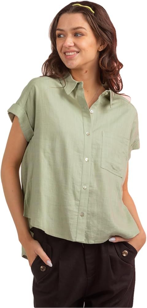 Women's Linen Shirts - Short Sleeve Button Down Side Slit Collared Casual Top with Chest Pocket | Amazon (US)