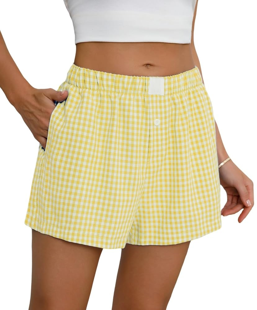 Womens Boxer Shorts Cotton Summer Casual Pajama Y2K Sleep Gingham Plaid Shorts Bottom with Pocket... | Amazon (US)