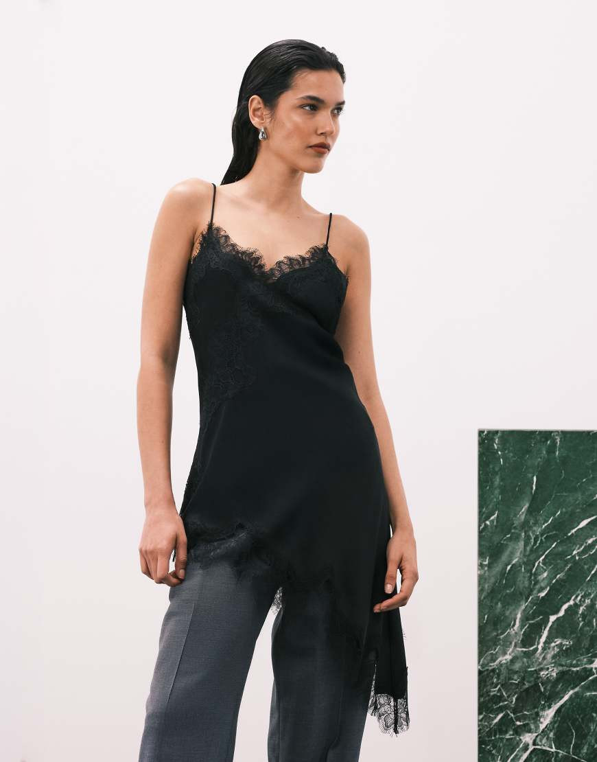 Mango asymmetric hem longline satin cami top with lace edge in black | ASOS (Global)