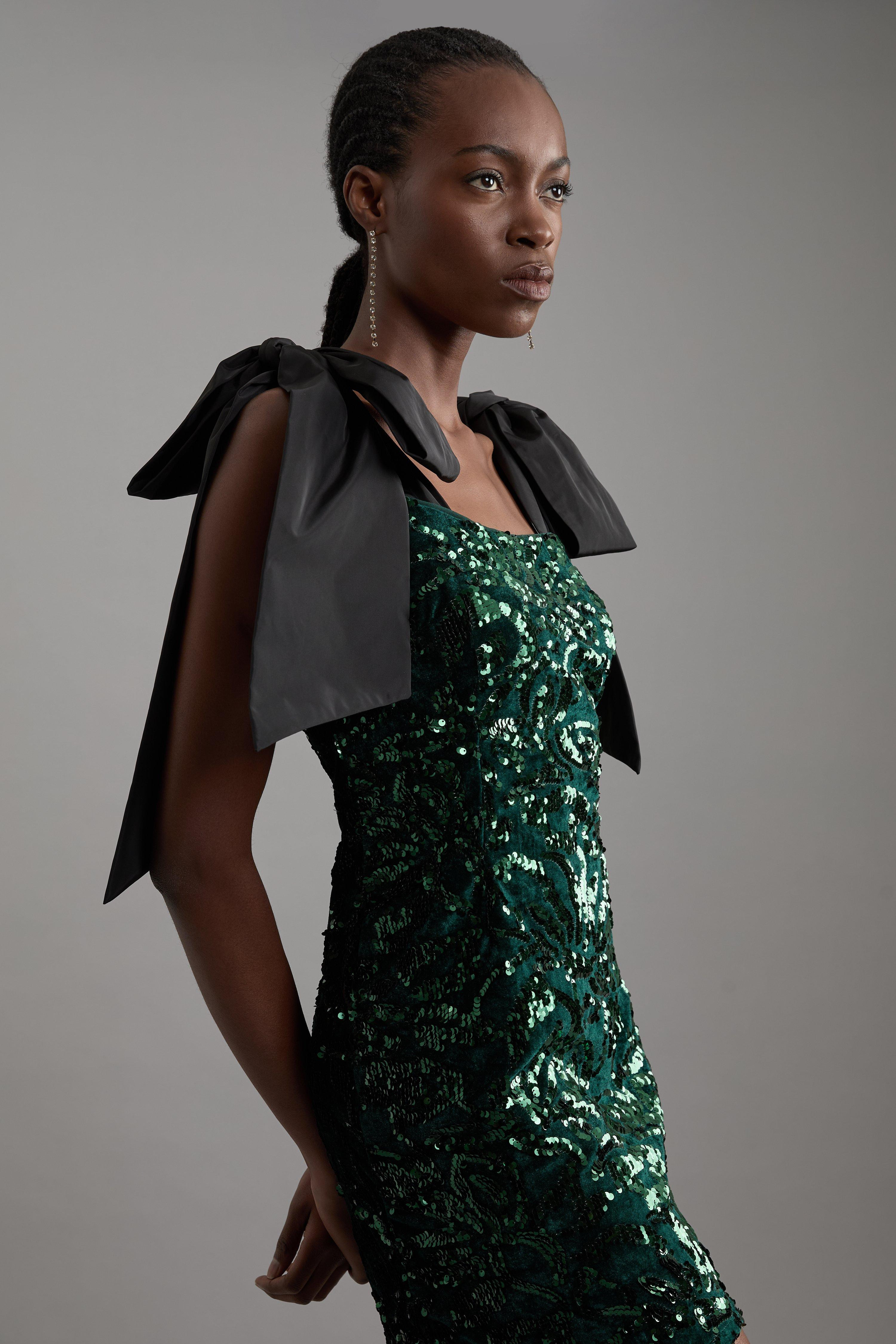 Velvet Sequin Woven Mini Dress With Taffeta Tie Detail | Karen Millen UK + IE + DE + NL