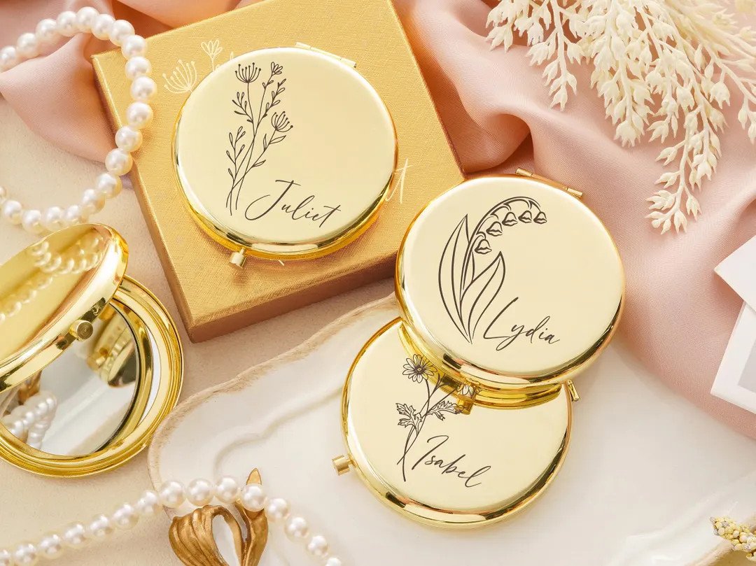 Custom Engraved Compact Mirror, Personalized Birth Flower Compact Mirror, Bridesmaid Gifts Pocket... | Etsy (US)