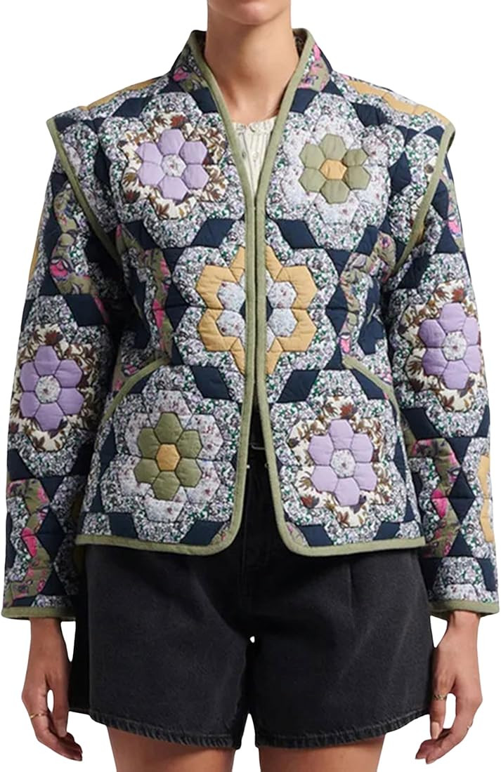Women's Cropped Puffer Jacket Cardigan Floral Printed Lightweight Open Front Short Padded Quilted... | Amazon (US)