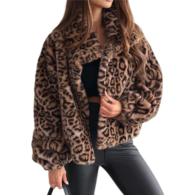 Female Faux Fur Long Coat Button Down Lapel Fleece -Jacket Leopard Print L | Walmart (US)