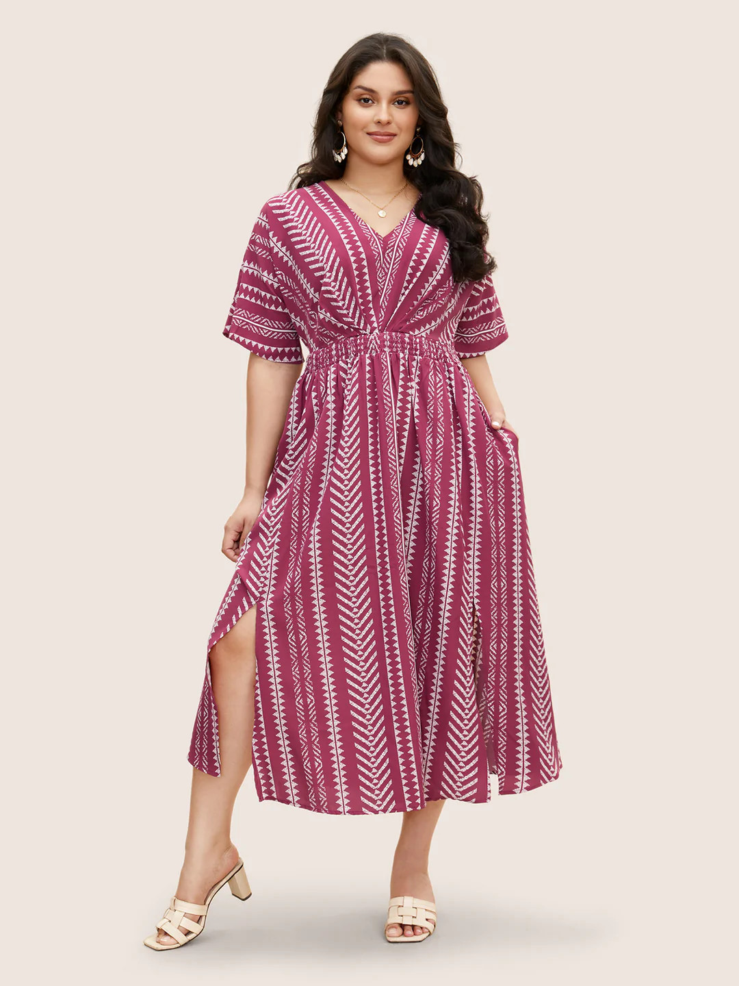 Solid Geometric Dolman Sleeve Pocket Shirred Split Hem Dress | Bloomchic