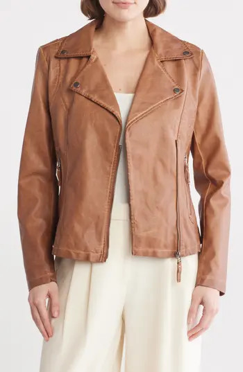 MAX STUDIO MAXSTUDIO Washed Faux Leather Moto Jacket in Luggage Brown at Nordstrom Rack, Size X-Small | Nordstrom Rack