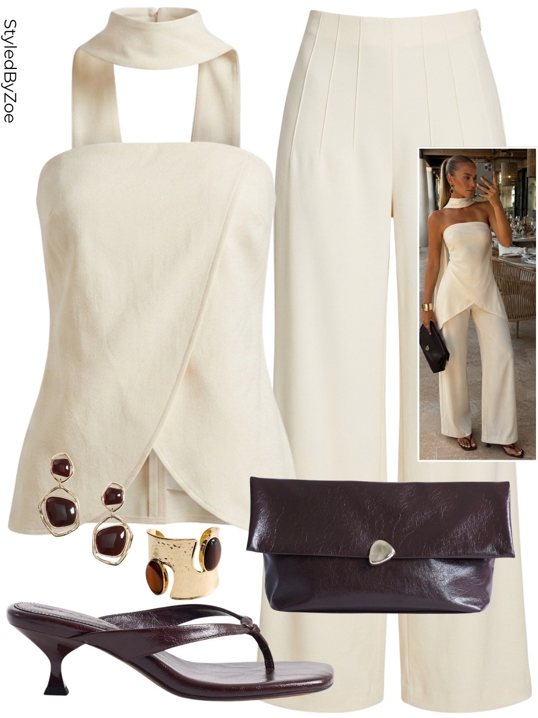 Cream and chocolate,  the colour combination that never misses💁🏽‍♀️ Halter neck wrap top, wide leg tailored trousers, kitten heel thong sandals, a leather fold clutch and gold statement accessories☀️this is the summer evening outfit formula for when you want to look effortlessly expensive🤍

#summeroutfits #summercoord #vacationoutfit #holidayoutfir

#LTKuk #LTKsummer #LTKeurope