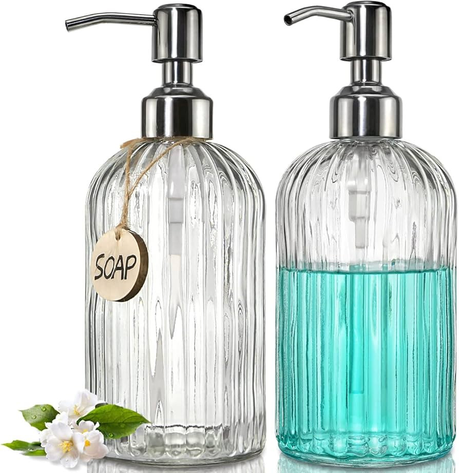 JASAI 2PACK 18 Oz Glass Soap Dispenser with Rust Proof Stainless Steel Pump, Refillable Hand Soap... | Amazon (US)
