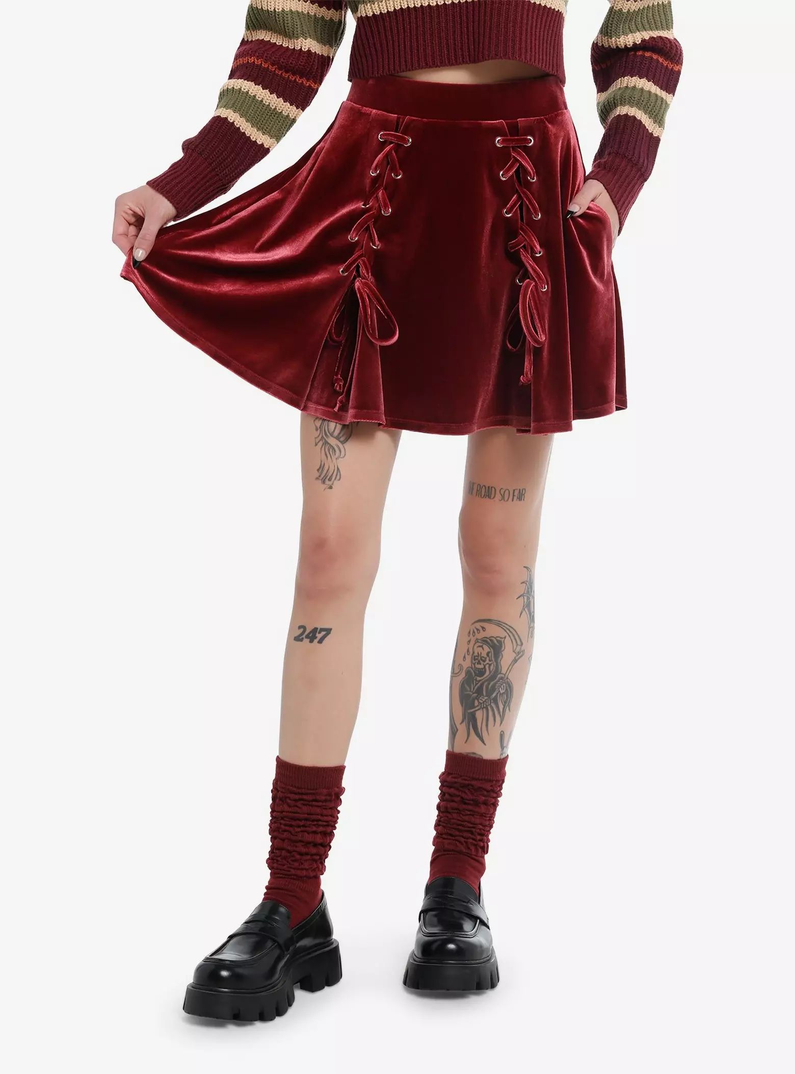 Thorn & Fable Burgundy Velvet Lace-Up Skater Skirt | Hot Topic