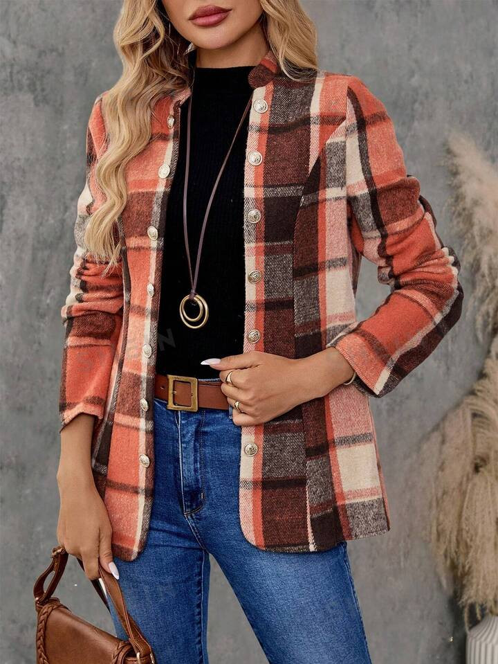 EMERY ROSE Women's Plaid Printed Simple Everyday Regular Long Sleeve Jacket | SHEIN USA | SHEIN