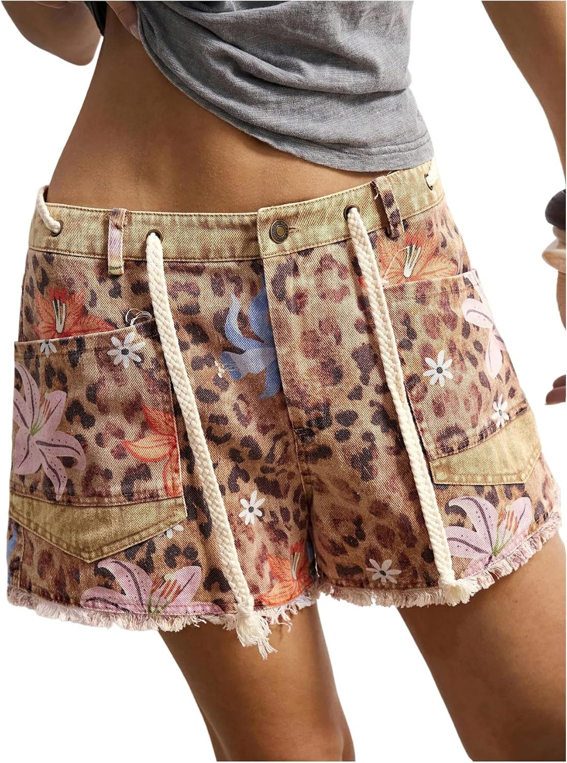 MakeMeChic Women's Floral Cheetah Print Denim Shorts Raw Trim Drawstring Wide Leg Boho Jorts | Amazon (US)