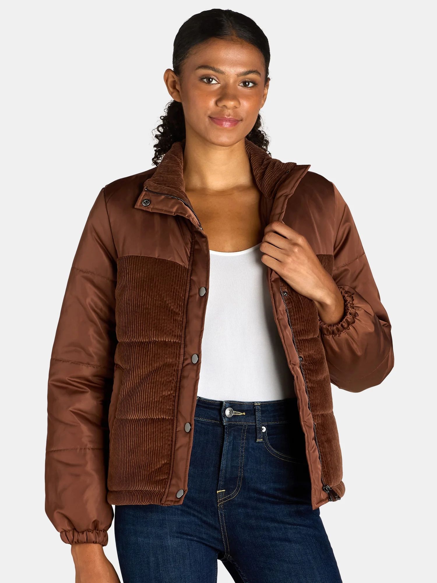 Time and Tru Women's and Women’s Plus Mixed Media Puffer Jacket, Sizes XS-3X | Walmart (US)