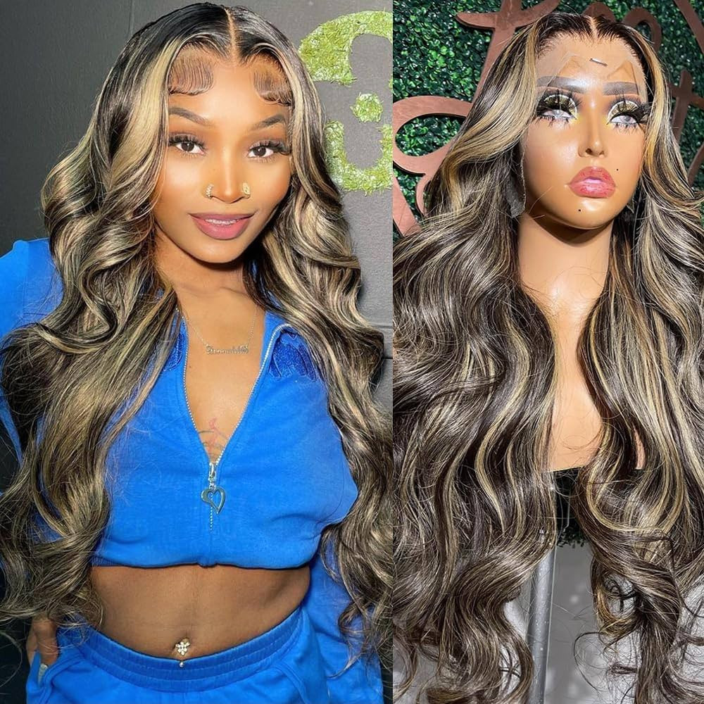 FSSGXX Ombre Lace Front Wig Human Hair Pre Plucked 13x4 Body Wave 1B/27 Highlight Lace Front Wig ... | Amazon (US)
