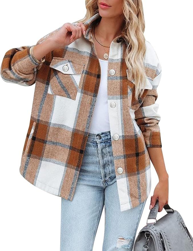 Gihuo Women's Plaid Flannel Shacket Jacket Loose Button Down Shacket Jacket | Amazon (US)