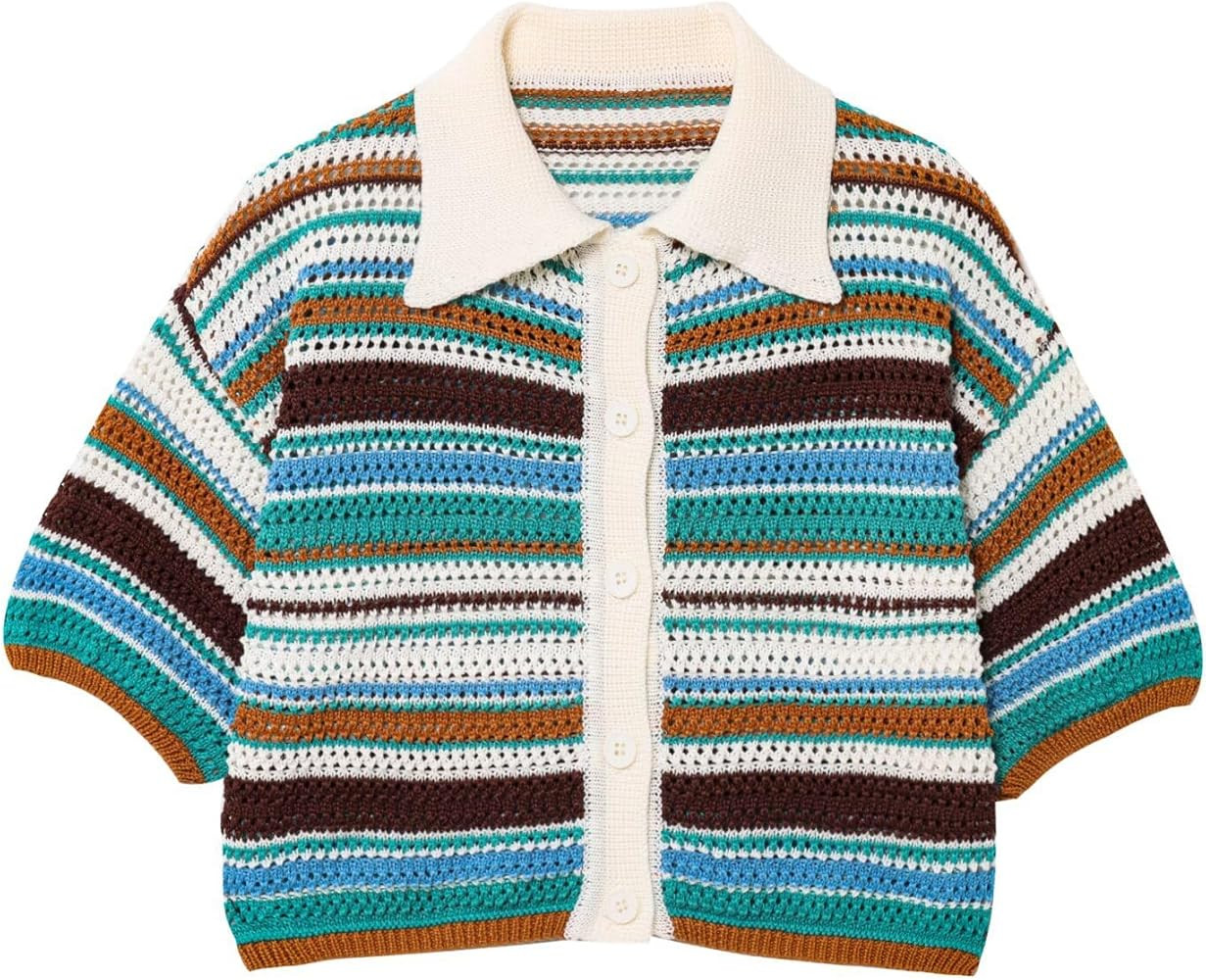 Womens Cropped Short Sleeve Polo Sweater Striped Button Up Collar Knit Tops Crochet T Shirt | Amazon (US)
