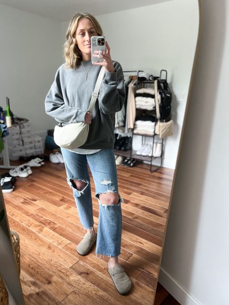 Spring outfit. Spring outfit idea. Summer outfit. Summer outfit idea. Oversized sweatshirt. Straight leg jeans. Clogs. Basic mom outfit. Casual outfit idea. Casual outfit. Everyday outfit. Mom outfit. 

#LTKfindsunder50 #LTKSeasonal #LTKfindsunder100