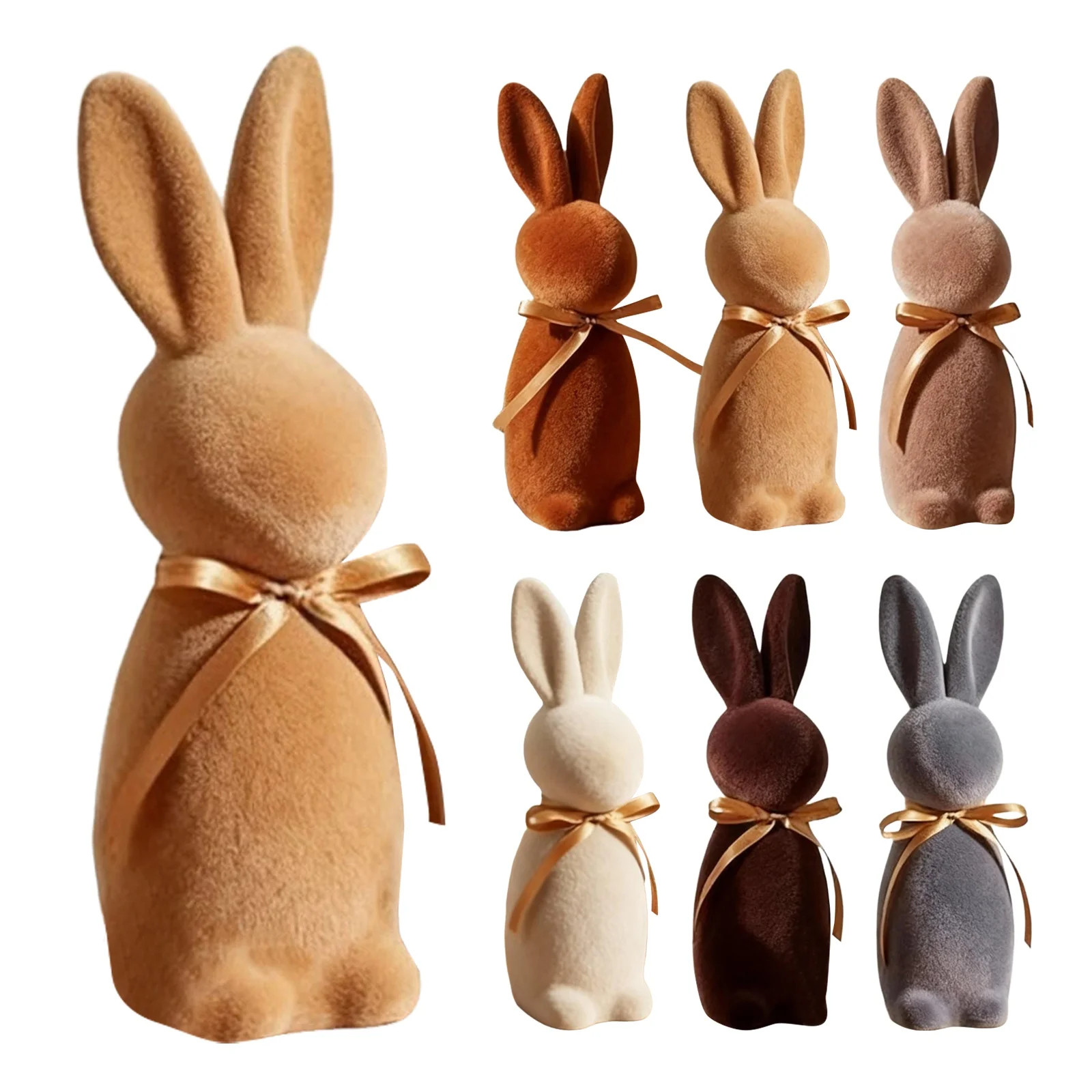 8.66 Inch Easter Flocked Bunny Figurine, Soft Easter Rabbit Decor with Satin Bow, Caramel Color f... | Walmart (US)