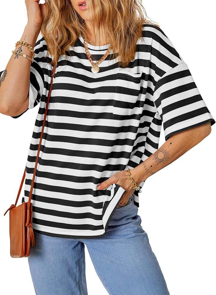 Dokotoo T Shirts for Women Striped Color Block Loose Fit Round Neck Womens Tops Tshirts Shirts Ov... | Amazon (US)