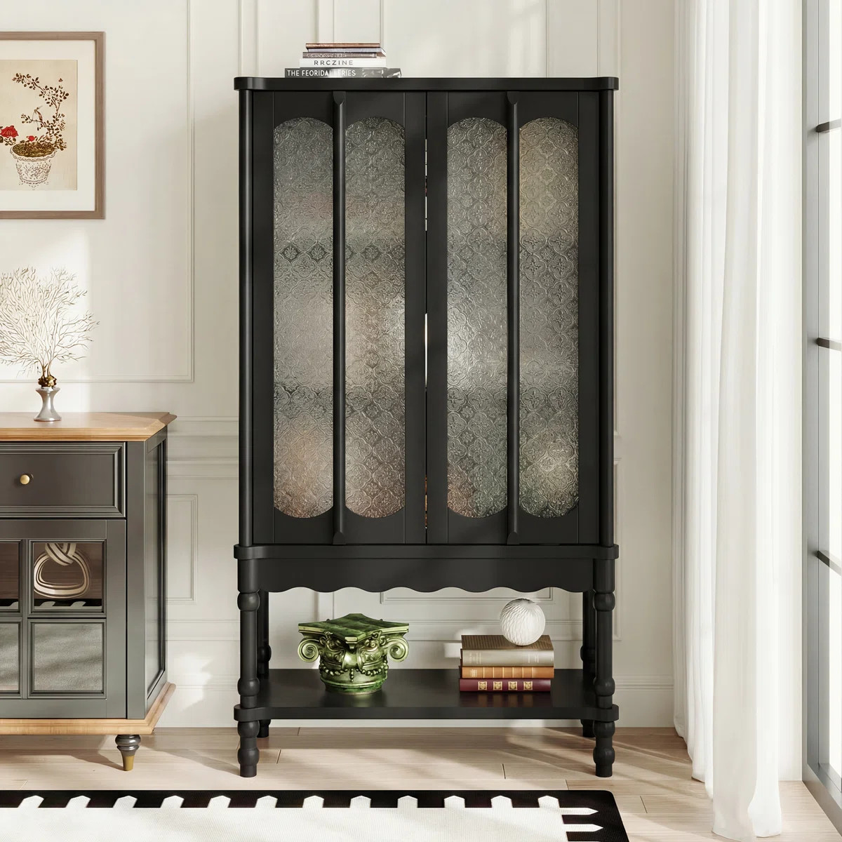 62'' H X 35 '' W Bookcase With Patterned Glass Doors And Open Shelve | Wayfair North America
