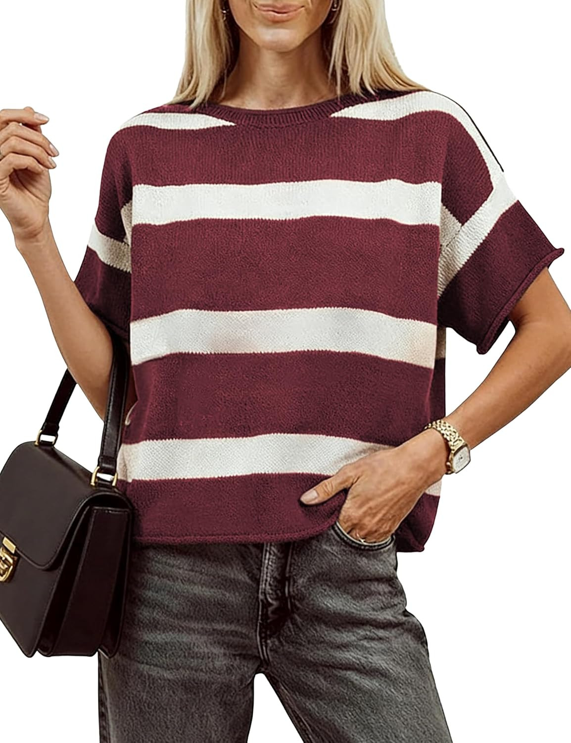 Striped Short Sleeve Sweater for Women Crewneck Knit Tops | Amazon (US)