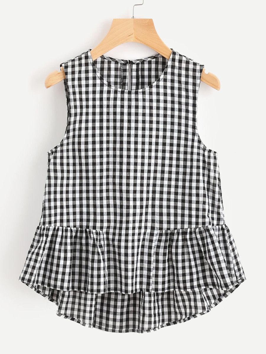 Buttoned Keyhole Tiered Hem Gingham Shell Top | SHEIN