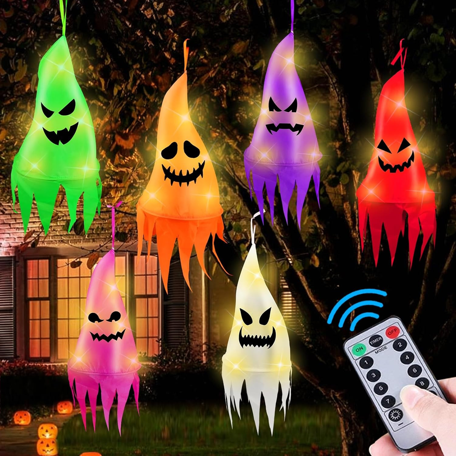 Remote Control - 6 Pcs Halloween Hanging Ghosts with 8 Modes 30 LED Lights,13 FT Long Halloween Decorations Outdoor Hanging Ghosts with Witch Hat,Waterproof for Yard, Lawn, Porch, Garden Tree Outside | Amazon (US)