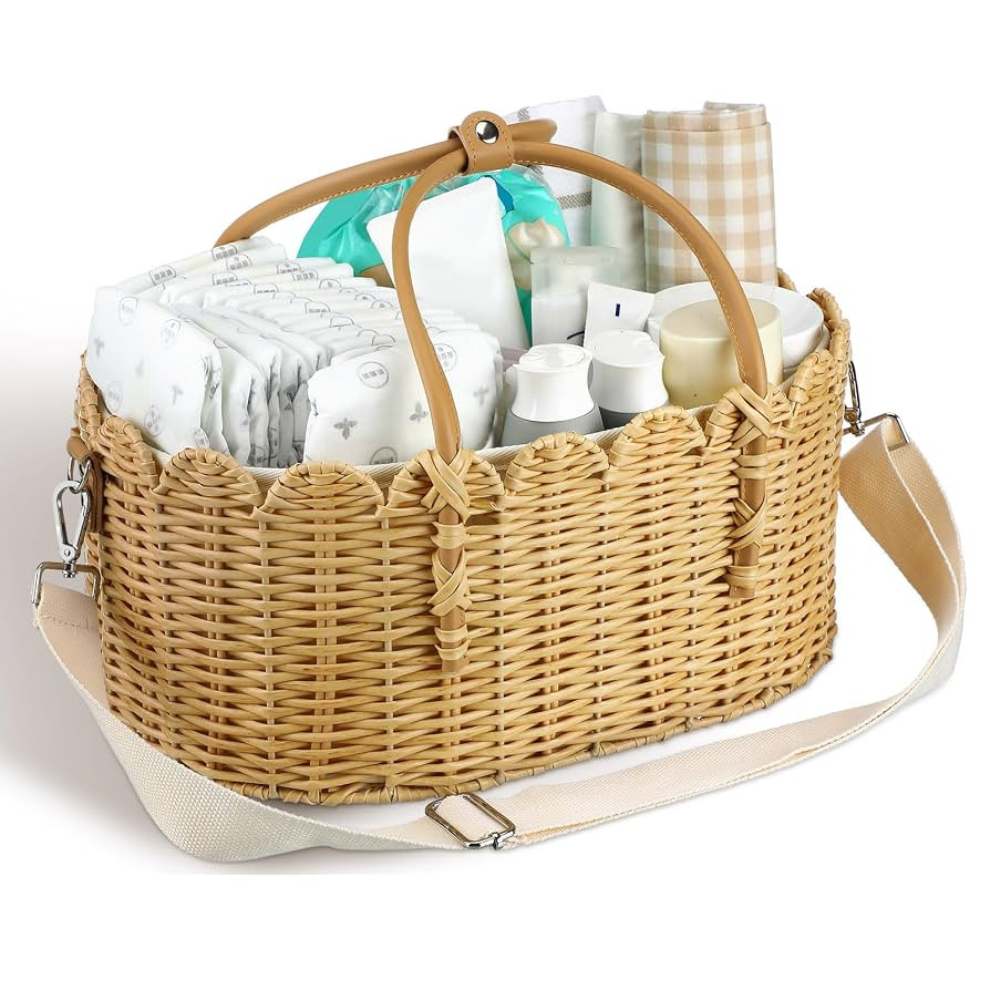 Baby Diaper Caddy Organizer Crafted Scalloped Rattan Basket with Shoulder Strap Luxurious Diaper ... | Amazon (US)