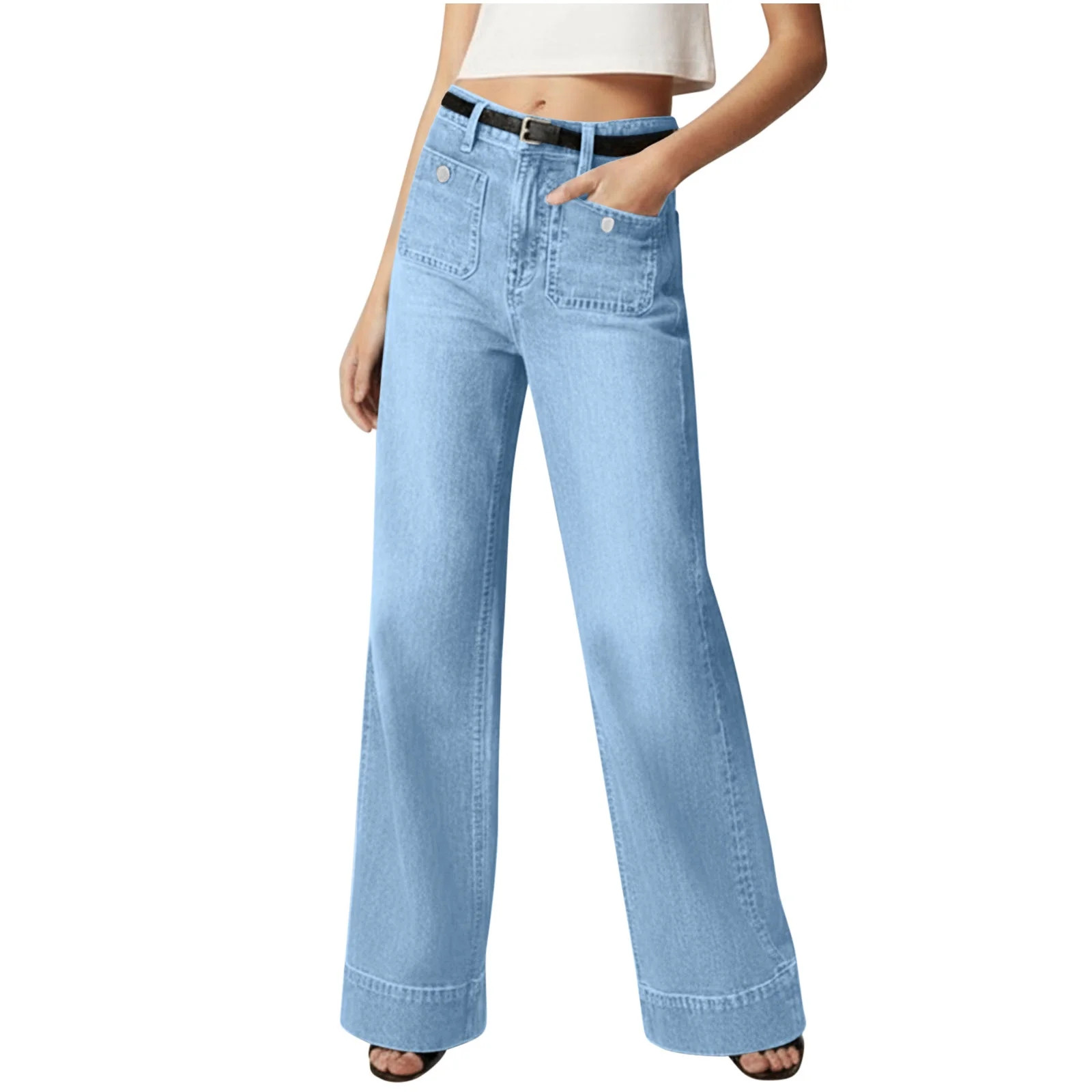 POROPL Women Jeans Denim Elastic Wide Leg High Waist Loose Flare Jeans with Pockets,30" Inseam | Walmart (US)