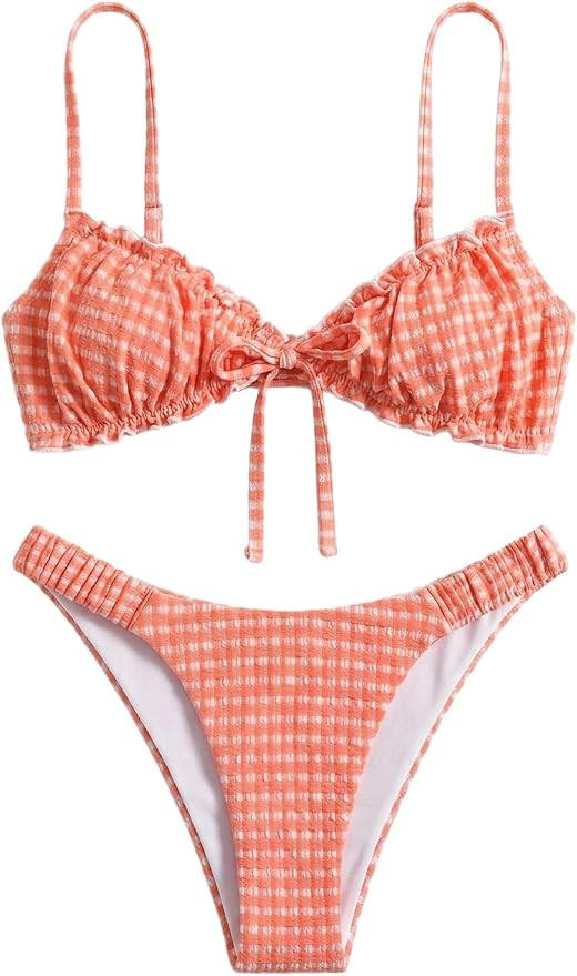 Women's Gingham Bikini Two Piece Ruffle Front Tie Bow Waist High Cut Swimsuit Sexy Summer Bathing... | Amazon (US)