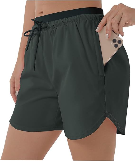 XIEERDUO Women's 5'' Workout Running Shorts with Mesh Liner Zipper Pockets Gym Training Quick Dry | Amazon (US)