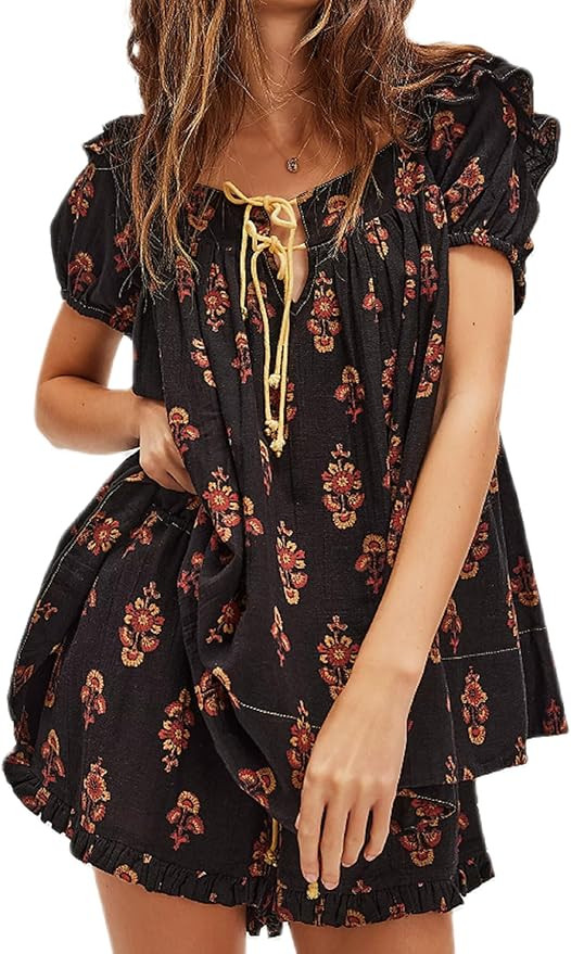 NUFIWI Women Floral Babydoll Tops 2 Piece Lounge Sets Square Neck Puffy Short Sleeves Peplum Shir... | Amazon (US)