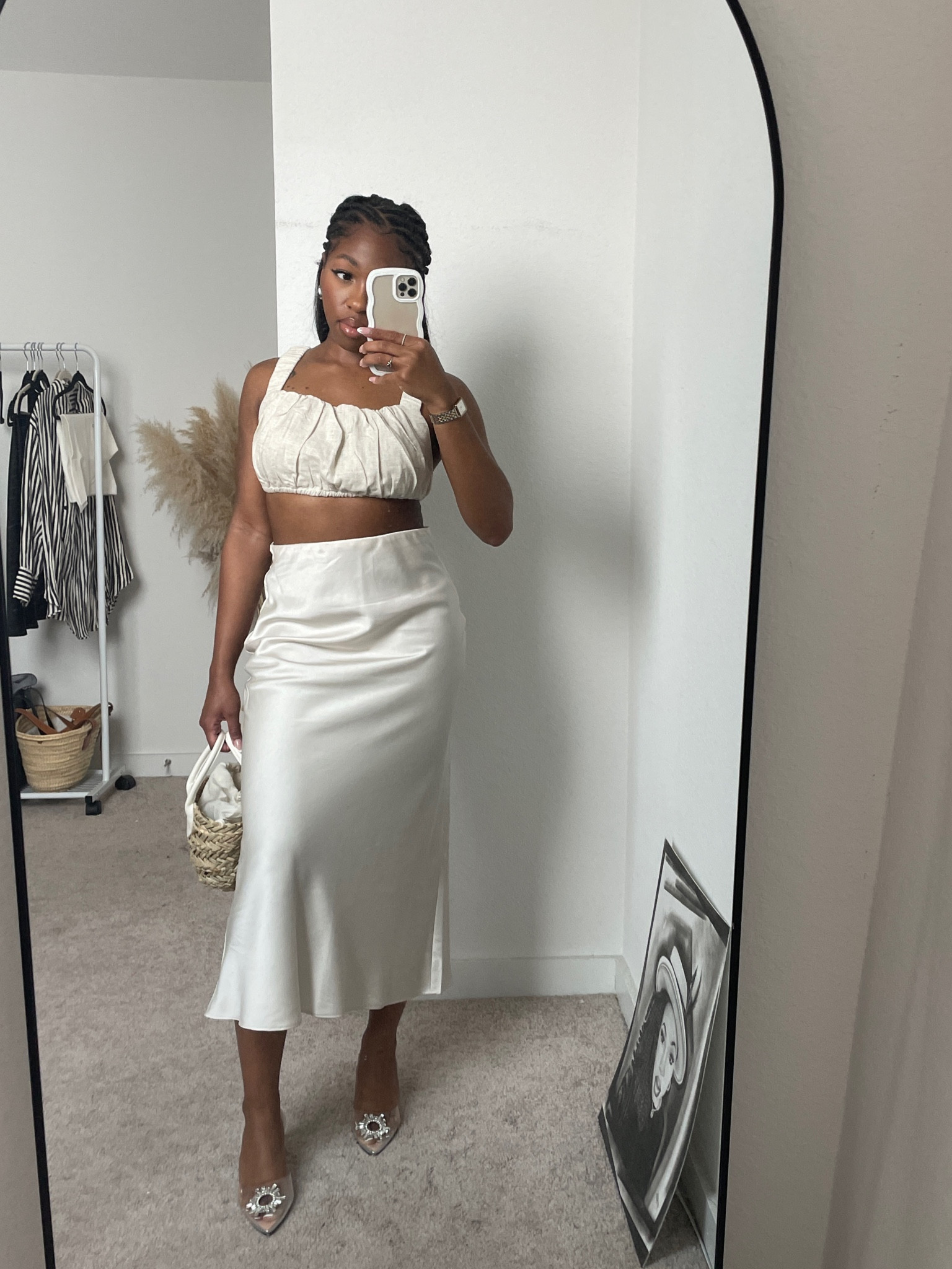 My favorite neutral fit all summer🤍

Cream satin skirt, linen crop top, tonal, basket bag, midi skirt, clear heels, silver earrings, Bottega drop dupe

#LTKstyletip #LTKsalealert #LTKSeasonal