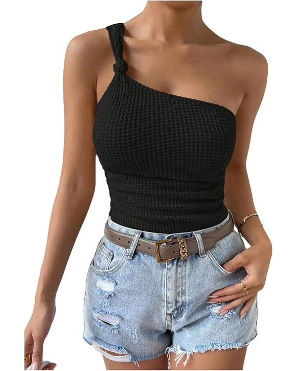 OYOANGLE Women's Sleeveless One Shoulder Knot Front Waffle Knit Tank Top Asymmetrical Neck Cami T... | Amazon (US)