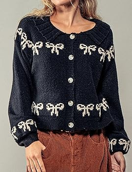Womens Scalloped Collar Bow Sweater Cardigan Y2K Long Sleeve Embroidered Knitwear Outerwear | Amazon (US)