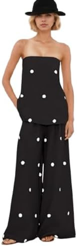 VCM 2 Piece Sets Polka Dot Top Off The Shoulder Top Lounge High Waist Wide Leg Pants Tropical Vac... | Amazon (US)