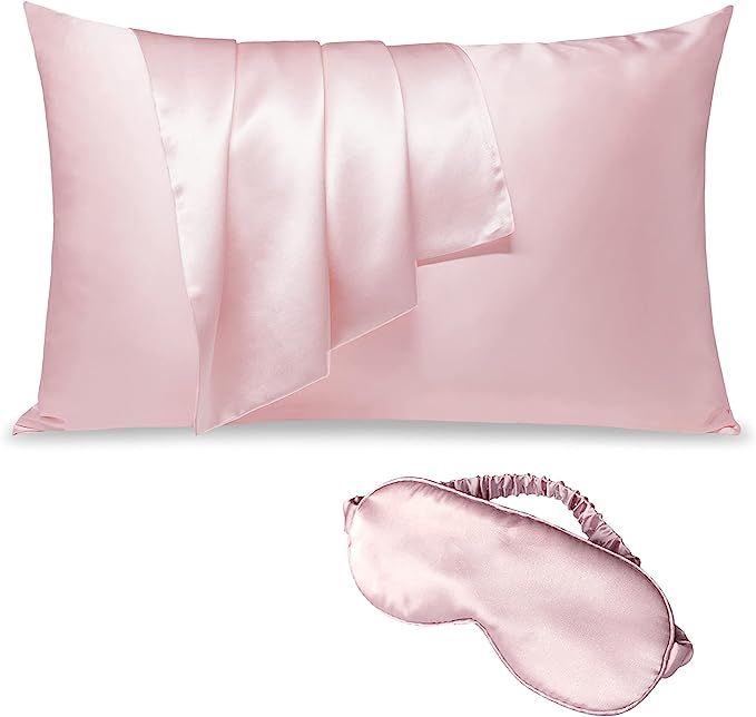 LULUSIK Silk Pillowcase and Sleep Mask Set, Pink, Pack of 2 | Amazon (US)