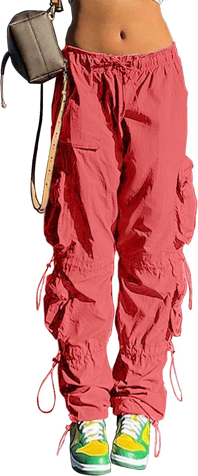 QYANGG Baggy Parachute Pants for Women Drawstring Elastic Low Waist Ruched Cargo Pants Multiple P... | Amazon (US)