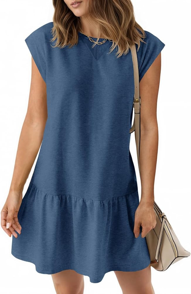 Wenrine Womens Summer T Shirt Dress Casual Short Cap Sleeve Ruffle Hem Crewneck Loose Mini Dresse... | Amazon (US)
