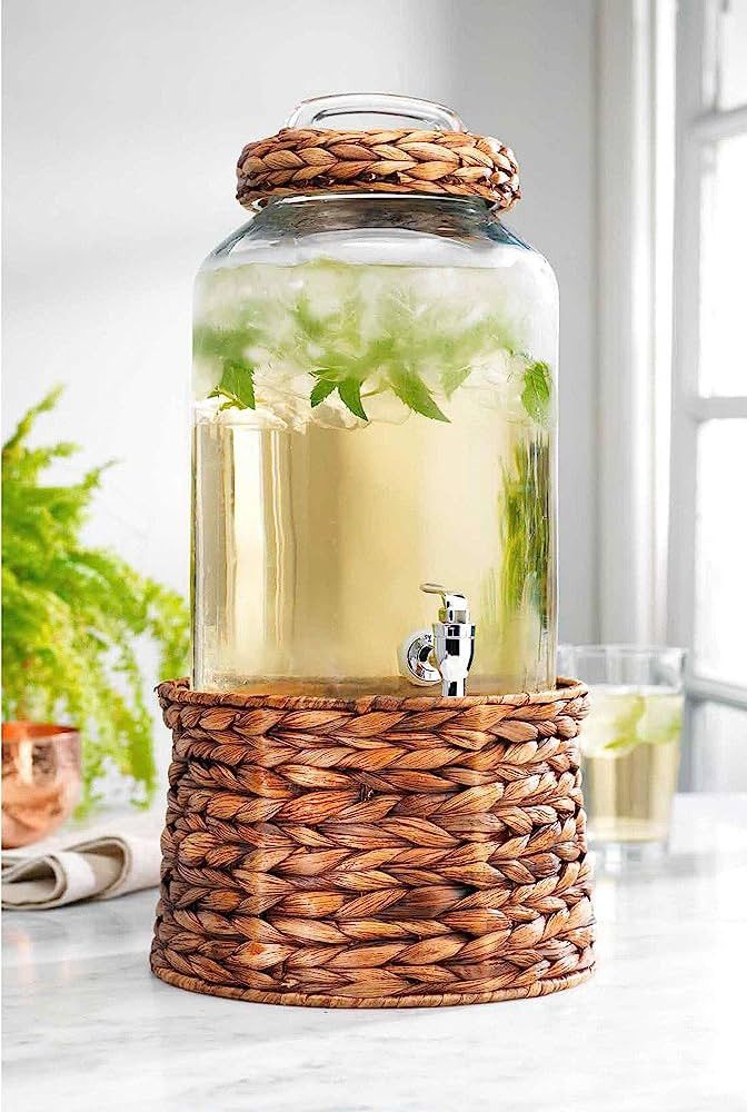 Modern 2 Gallon Wicker Basket Ice Cold Clear Glass Beverage Drink Dispenser With Spigot With Ratt... | Amazon (US)