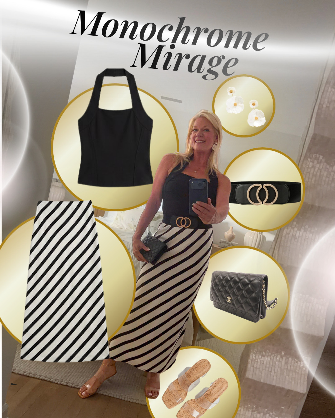 Monochrome mirage. 🖤 A black halter top tucked into a striped maxi skirt, cinched with a rhinestone-buckle belt, and finished with a quilted crossbody and cork sandals — bold stripes never looked so easy. Items linked below, similar items included — shop before they sell out! ✨ #monochromeoutfit #stripedmaxiskirt #blackandwhite #summerstyle #fashionover50 #LTKover50 #LTKstyletip 

 #LTKootd #LTKSeasonal #LTKOver40