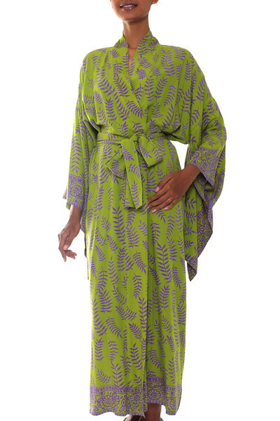 Balinese Green and Purple Fern Leaf Rayon Kimono Style Robe | NOVICA