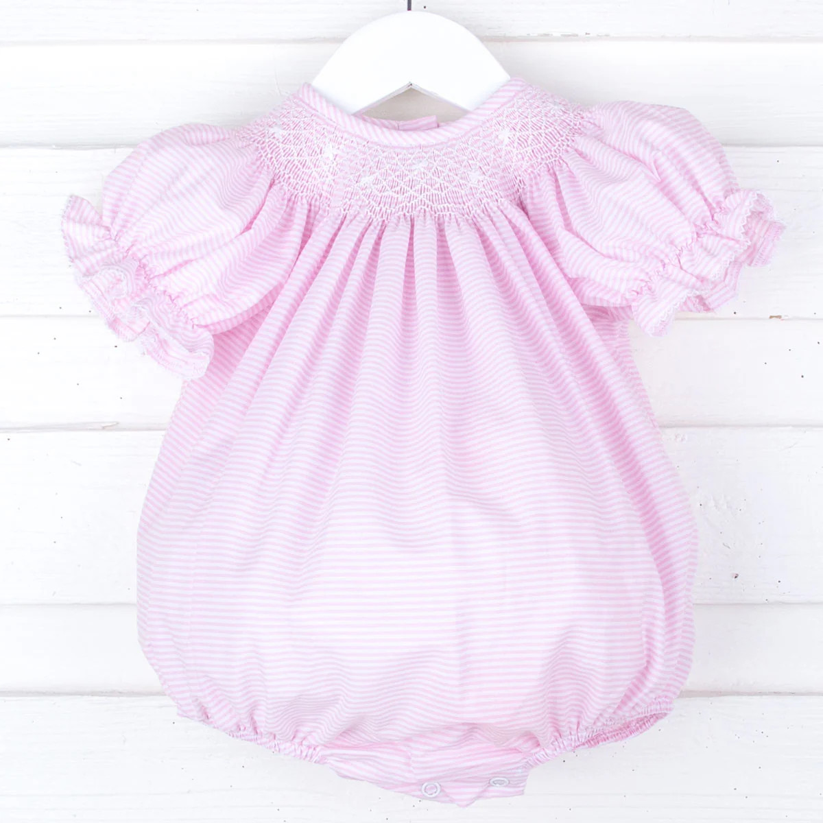 Geo Smocked Pink Stripe Bishop Bubble | Classic Whimsy