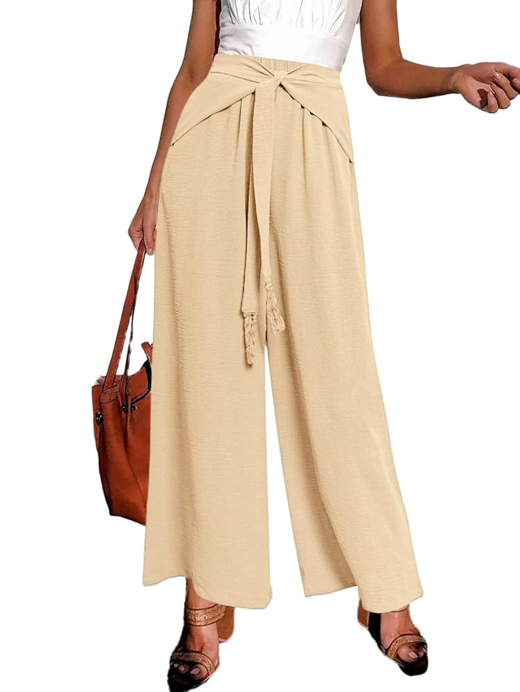 Miessial Women's Summer Tie Front Wide Leg Pants Elastic Waist Casual Pants Beach Palazzo Pants w... | Amazon (US)