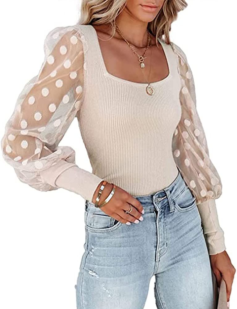 Qearal Women's Puffy Sheer Mesh Long Sleeve Polka Dot Square Neck Ribbed Blouses and Tops | Amazon (US)