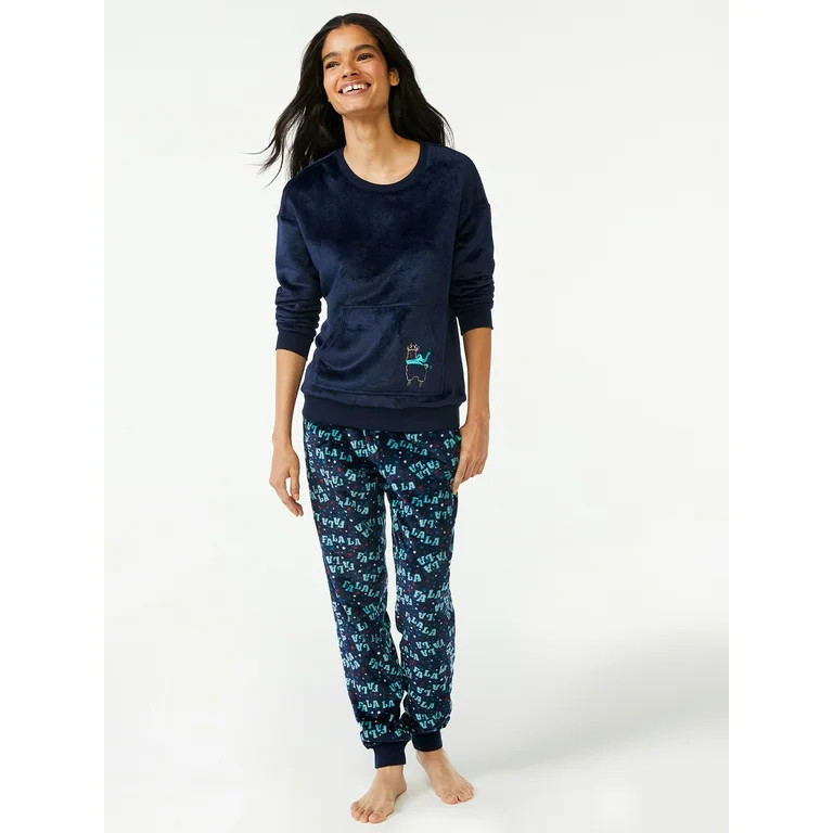 Joyspun Women's Plush Top and Print Pants Pajama Set, 2-Piece, Sizes up to 3X - Walmart.com | Walmart (US)