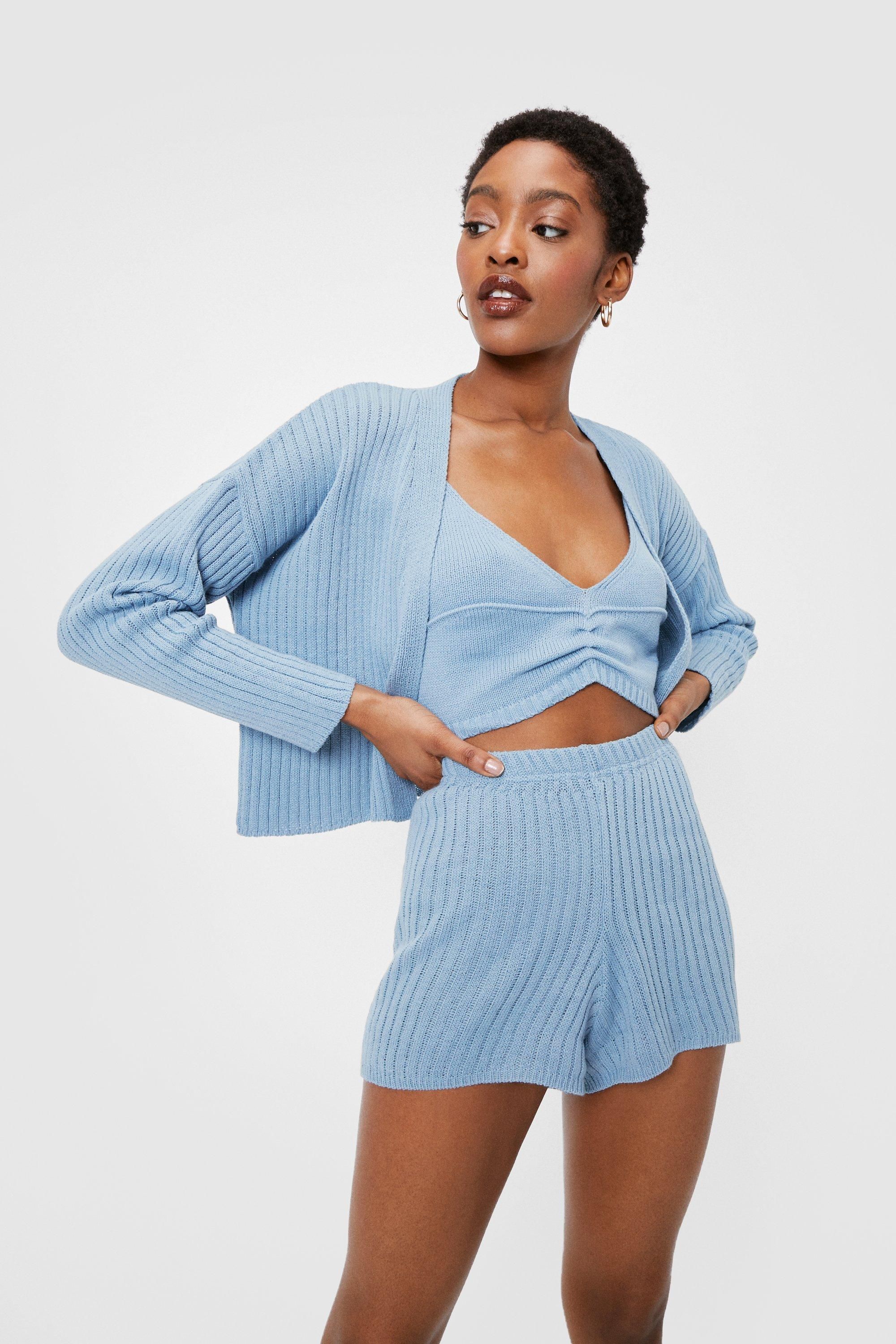Knitted Ruched 3-Pc Cardigan Short Lounge Set | Nasty Gal (US)