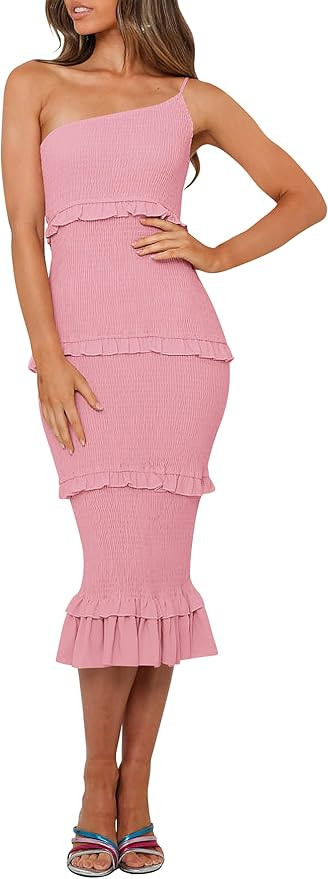 PRETTYGARDEN Women's Summer Midi Bodycon Dresses One Shoulder Strappy Tiered Ruffle Floral Boho S... | Amazon (US)