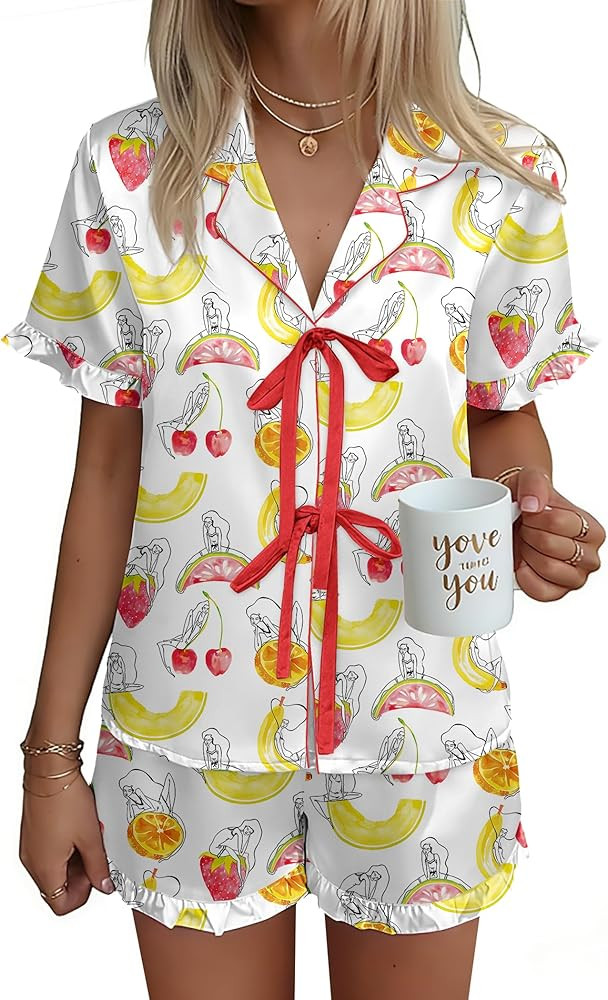 Ekouaer Satin Pajama for Women Short Sleeve Silky Pj Short Set Bow Front Tie Up Loungewear Sleepw... | Amazon (US)
