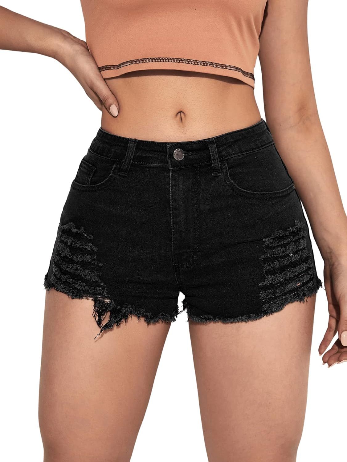 SweatyRocks Women's Summer Denim Shorts Frayed Raw Hem Jeans Shorts | Amazon (US)